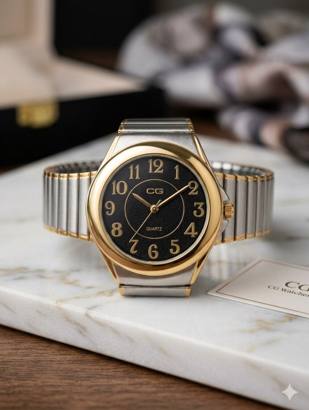 Gold-Tone and Silver-Tone Quartz Watch - Black Dial Japan Cond